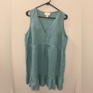 Cynthia Rowley Dress Blue green 100% Linen Tank Ruffle Tiered Lagenlook size XL